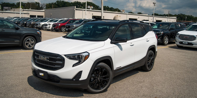 White 2020 GMC Terrain SLT with Gloss Black Extended Roof Wrap