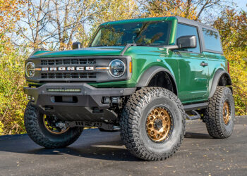 Manual 2-door Eruption Green 2022 Ford Bronco with off road mods and upgrades.