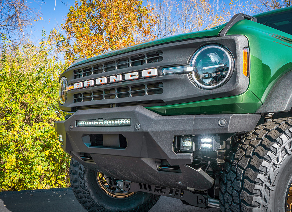 Custom Bronco offroad bumper guard with built-in LEDs.