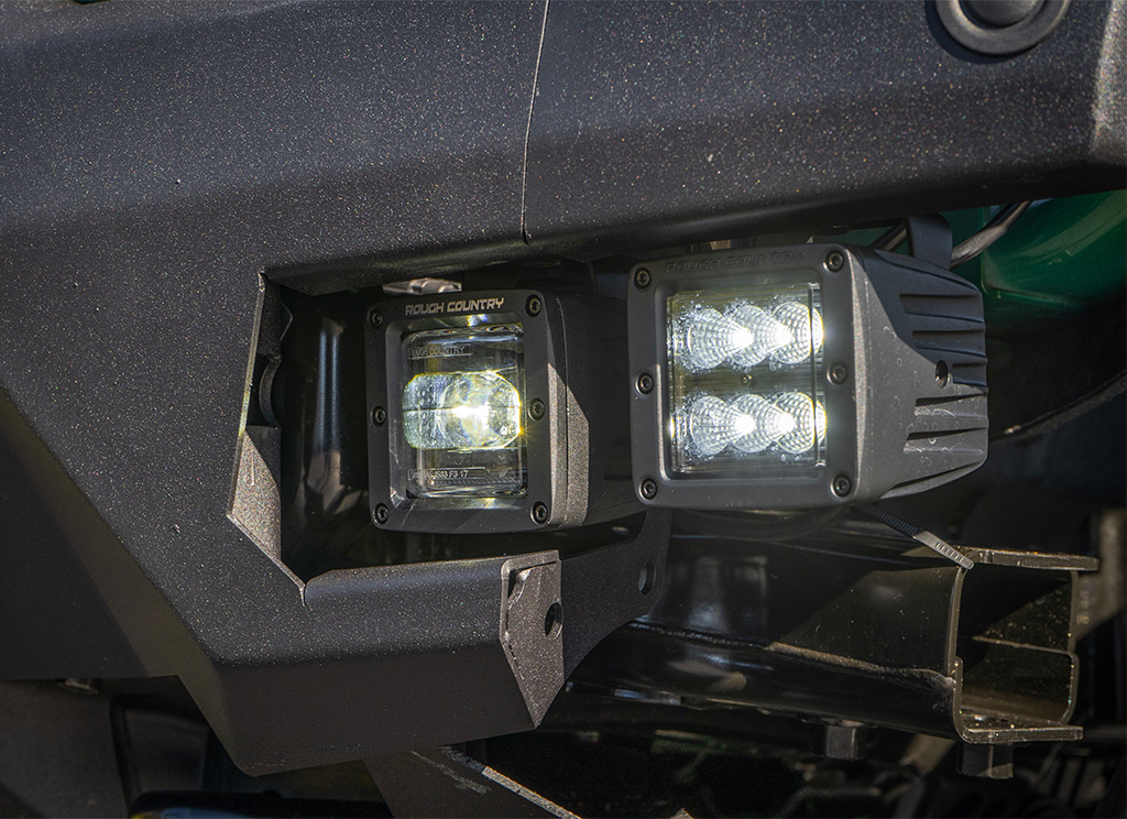 2" square LED flood lights on an offroad bumper.