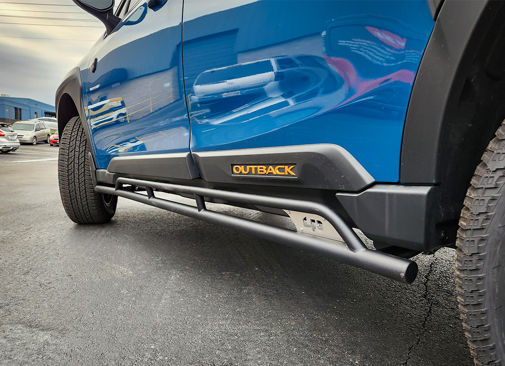 LP Aventure rock sliders installed on an offroad Subaru Outback