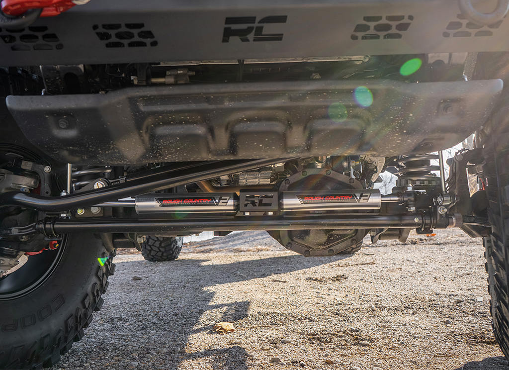 Rough Country V2 Steering Stabilizers installed on a Jeep Gladiator