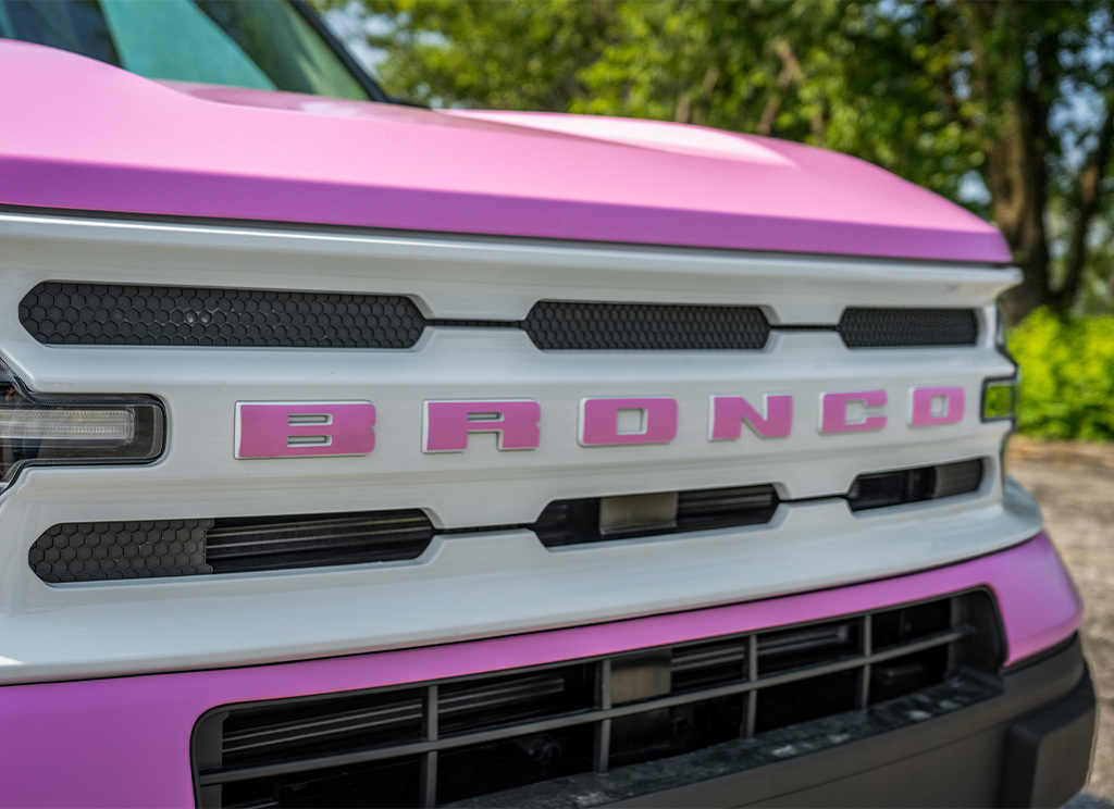 Pink Bronco lettering on a 2023 Ford Bronco Sport