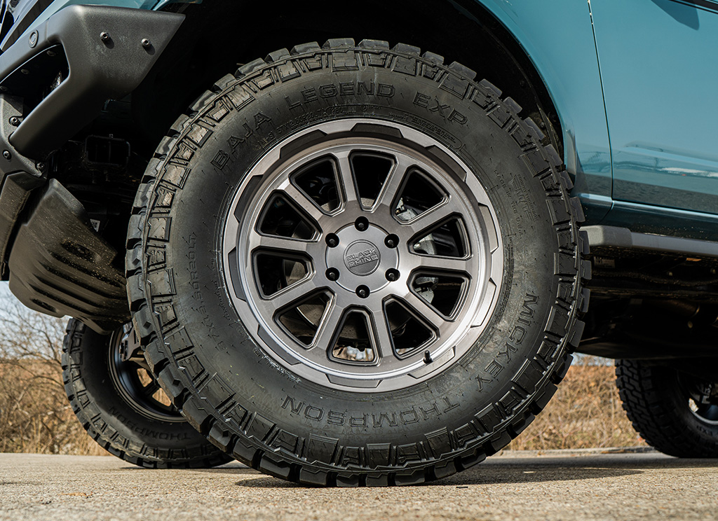 Mickey Thompson Baja Legend tires around Black Rhino wheels.