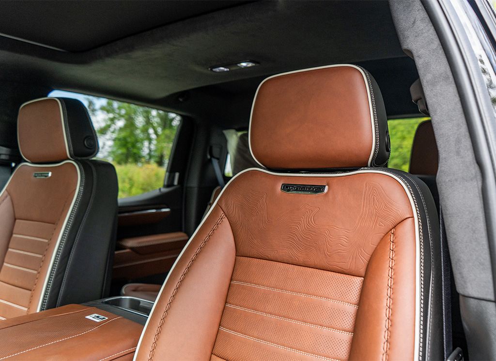Topographic leather seating on the 2024 GMC Sierra Denali Ultimate edition.