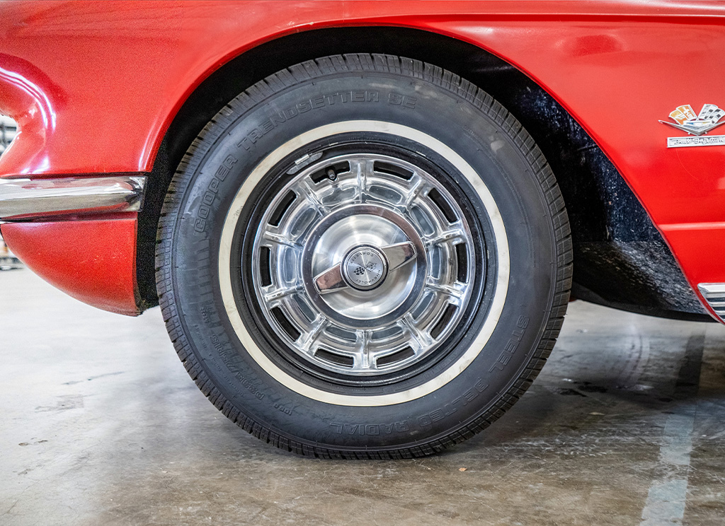 Vintage 1962 Corvette steelie wheels.