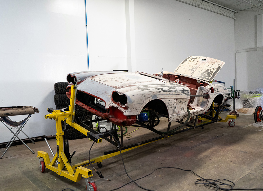 C1 Corvette body with the paint stripped off.