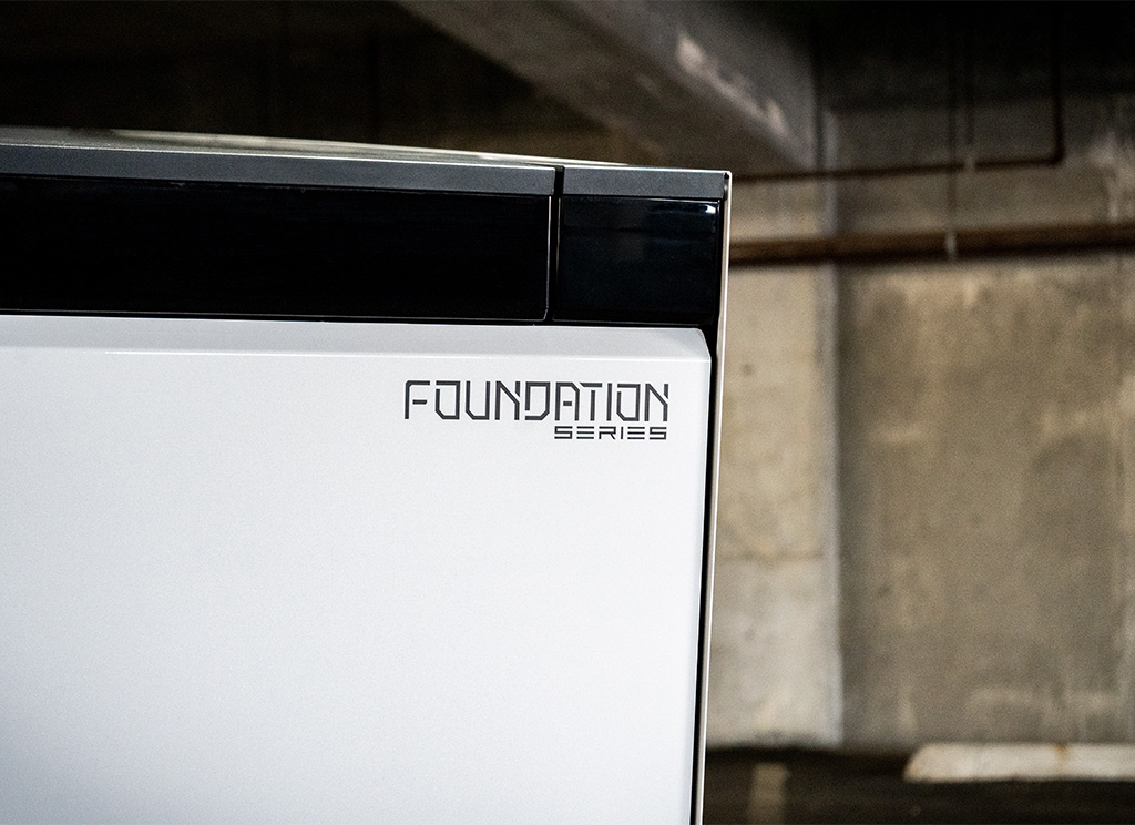 Tailgate foundation series emblem on a white Cybertruck.