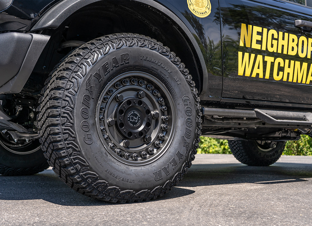 custom Black Rhino Armory rims with good year wrangler tires.