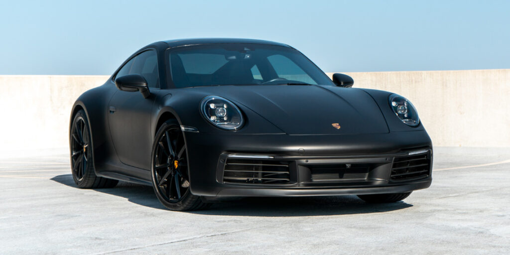 Matte black Porsche 911 custom vinyl wrap.