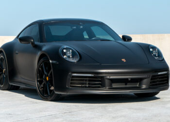 Matte black Porsche 911 custom vinyl wrap.