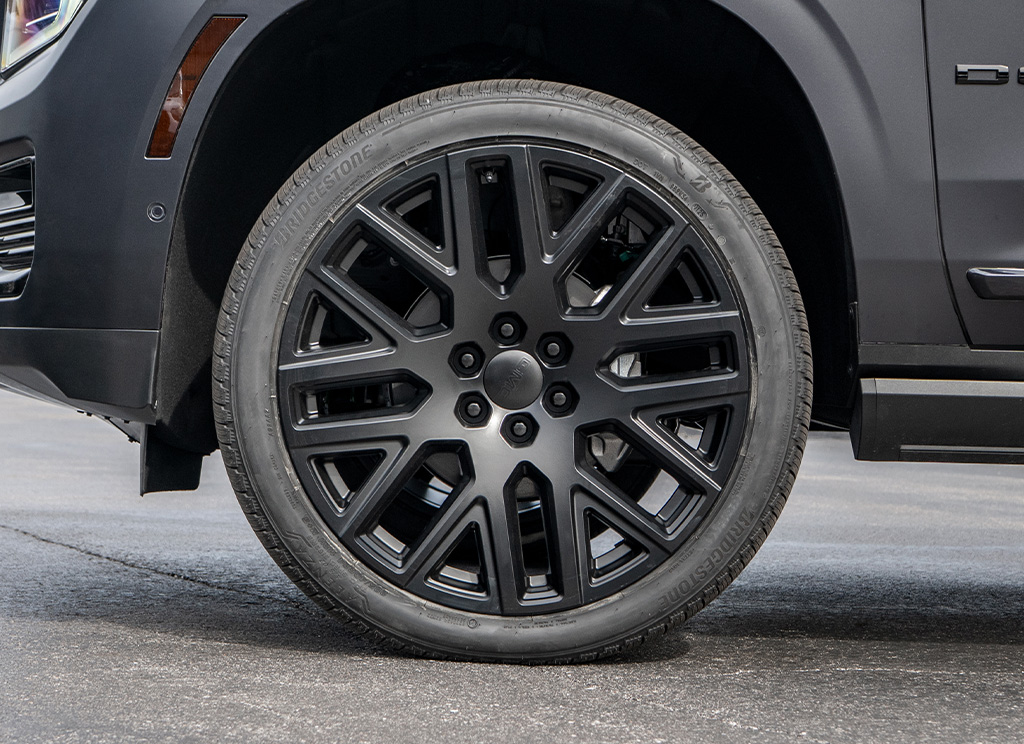 Satin black powder coated 2025 GMC Yukon Denali rims.