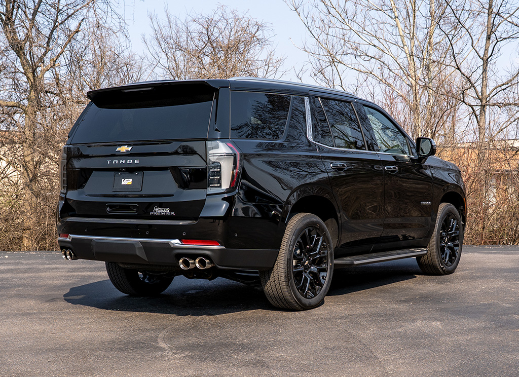 Rear view of a stock 2025 Chevy Tahoe with chrome trim and accents.