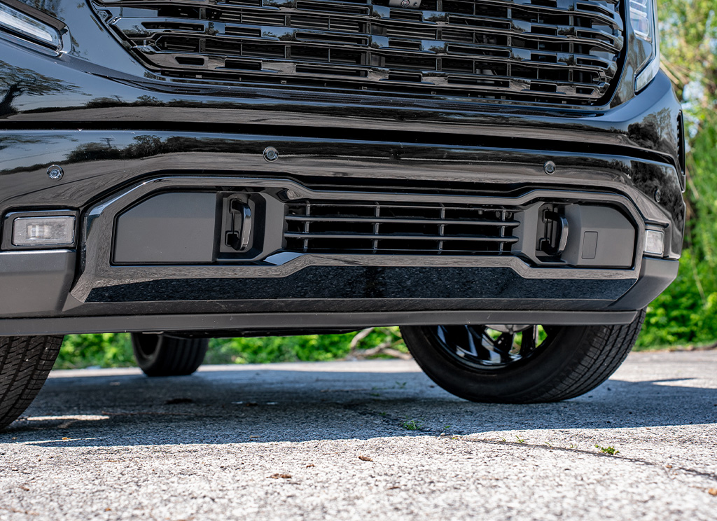 2025 GMC Sierra 1500 Denali chrome delete front bumper trim.