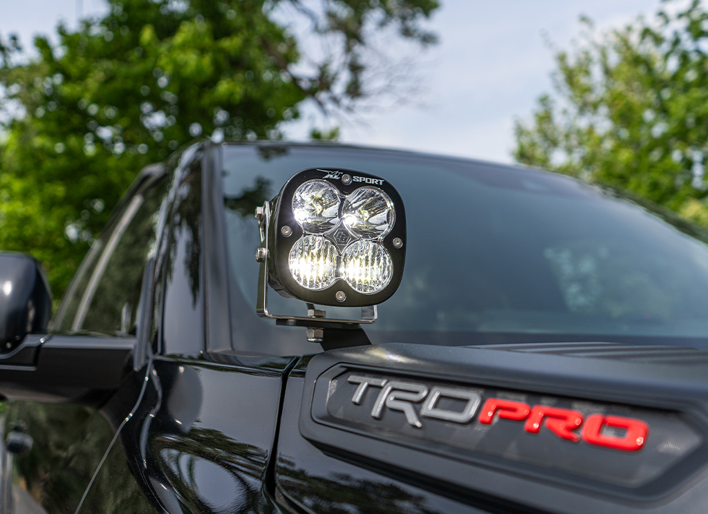 Baja Designs XL SPort A-pillar ditch lights on a 2025 Toyota Sequoia TRD Pro.