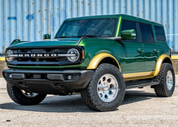 Green 2025 Ford Bronco styled like the retro Eddie Bauer Edition.