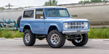 Restored Brittany Blue 1971 Ford Bronco with modern upgrades.
