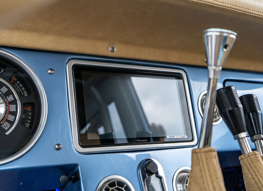 Close-up of 10-inch touchscreen Pioneer radio in a1971 Ford Bronco restomod