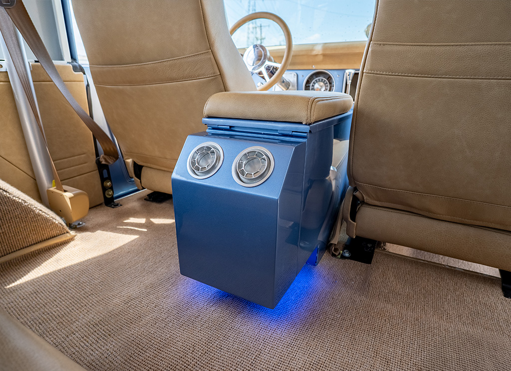 Blue LED lights under the center counsel of a restored 1971 Ford Bronco. 