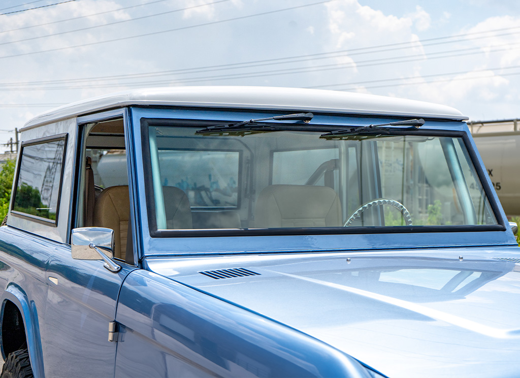 1971 Ford Bronco Restoration windshield glass and wipers.