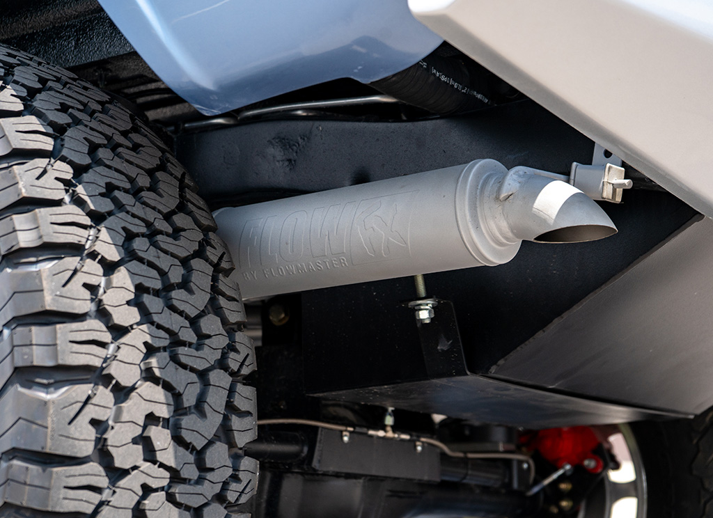 Flowmaster exhaust close up on a restored 1971 Ford Bronco.