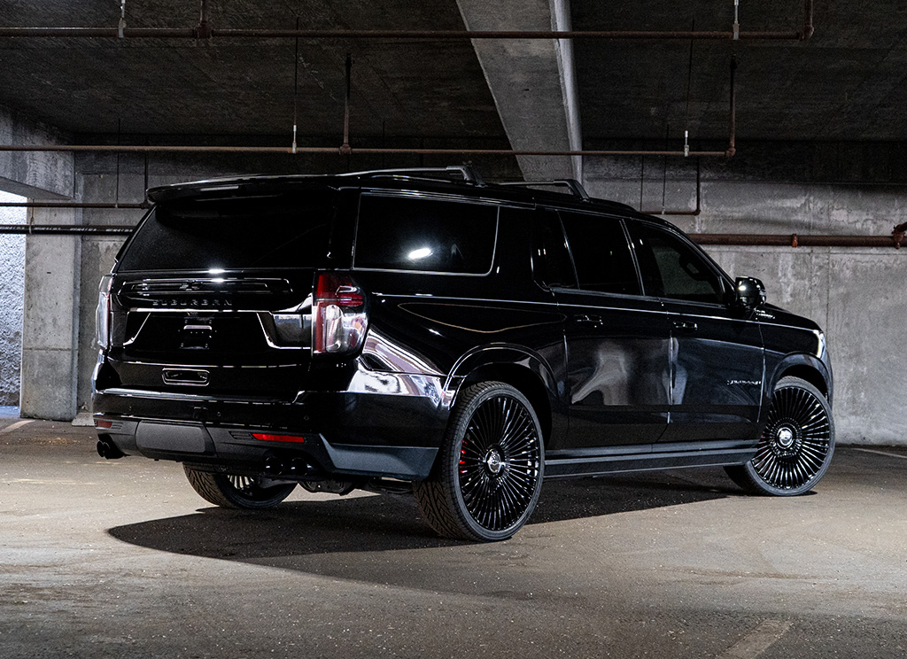Blackout 2024 Chevy Suburban with chrome delete trim.