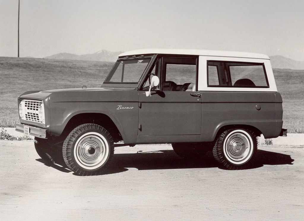 Old picture of a 1966 Ford Bronco - black and white first edition