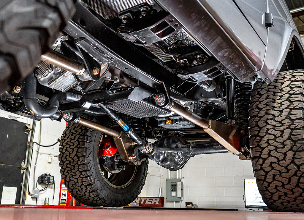 Under carriage of the front axle on a 1972 Ford Bronco Restoration.