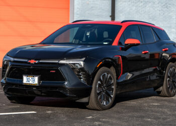 Black 2025 Chevrolet Blazer EV with a red roof wrap.
