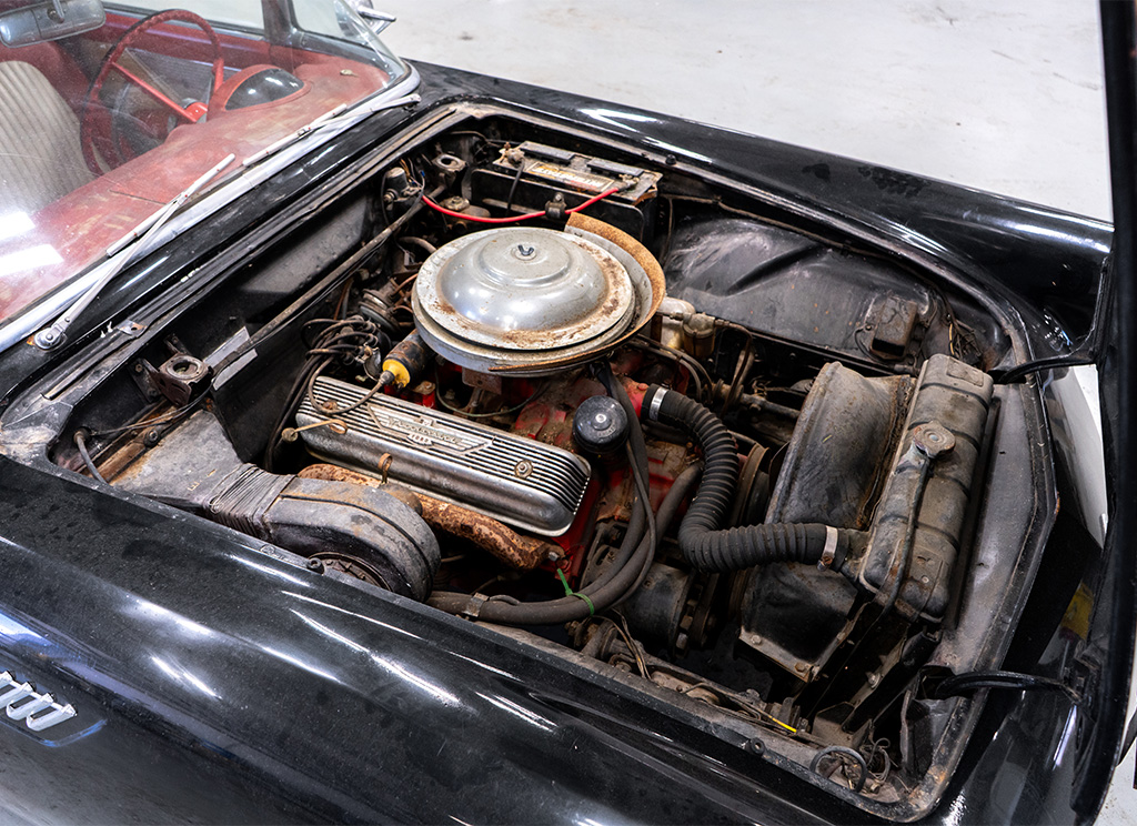 1956 Ford Thunderbird engine compartment before Coyote engine swap and restoration.