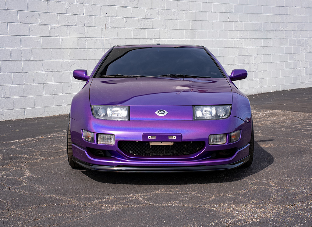 Custom color-shift purple 1991 Nissan 300ZX front-end view of grille and hood.